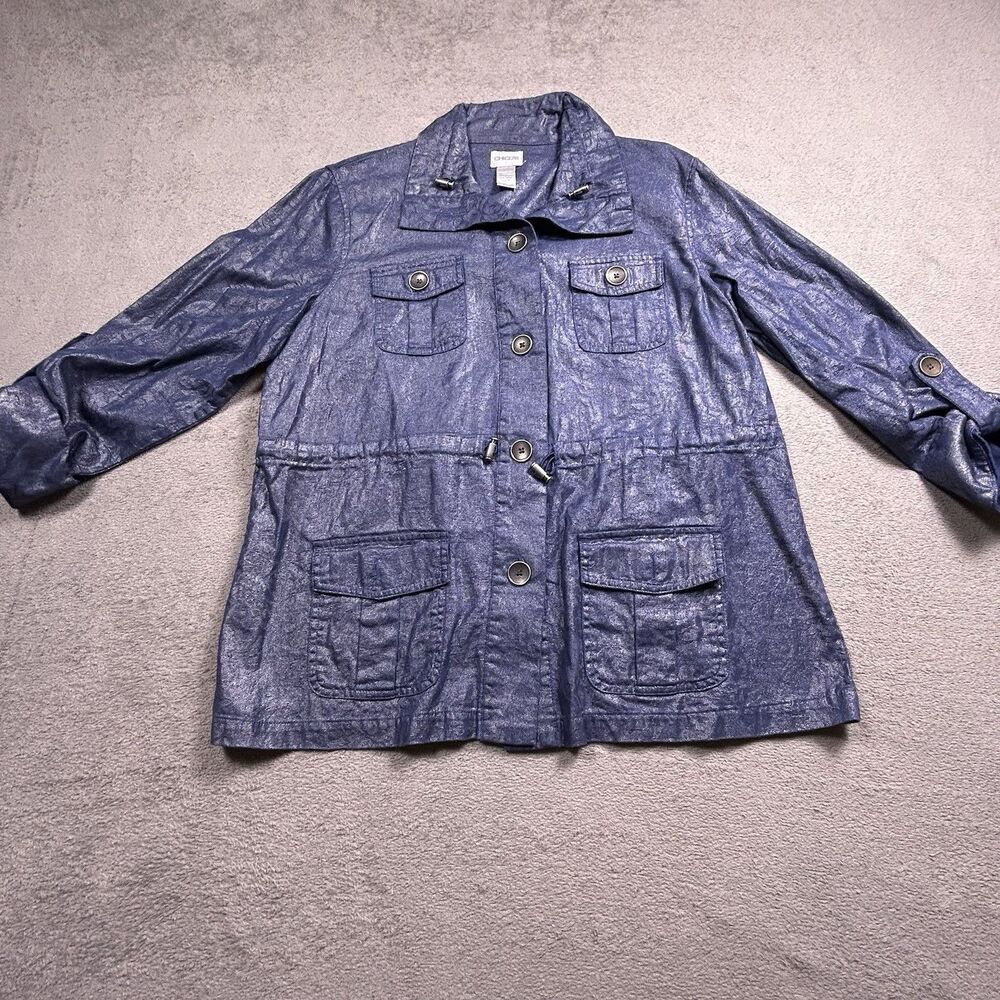 Chico's Utility Jacket Womens 2 Metallic‎ Blue Cotton Shimmer Cinch Waist